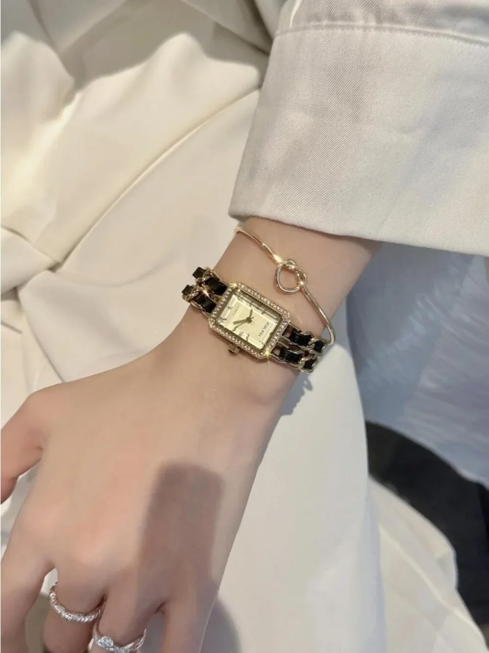 Women's Gold Square Adjustable Chain Braid Band Quartz Retro Dress Wrist Watch